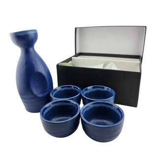 Kotobuki Sake Set 5 Piece Blue Matte Crystal Made in Japan Excellent Ceramic